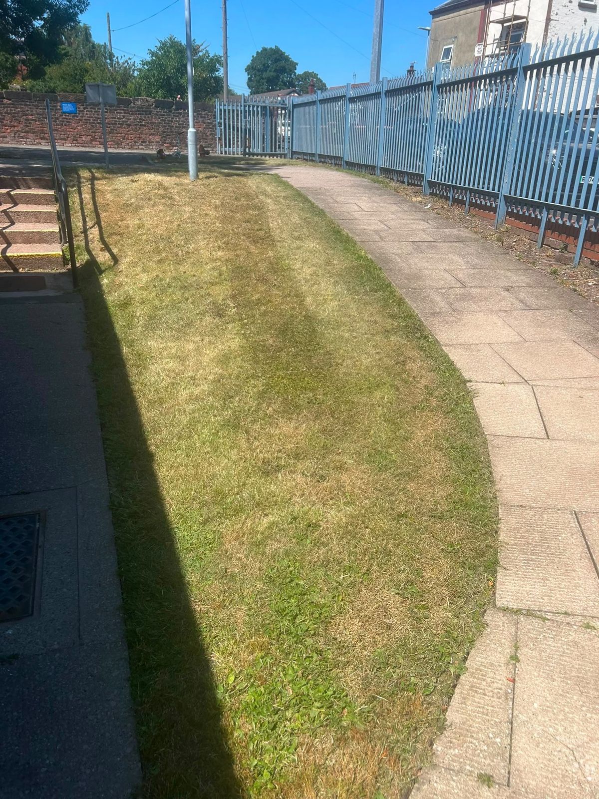 Cut grass bank beside a path and security fencing