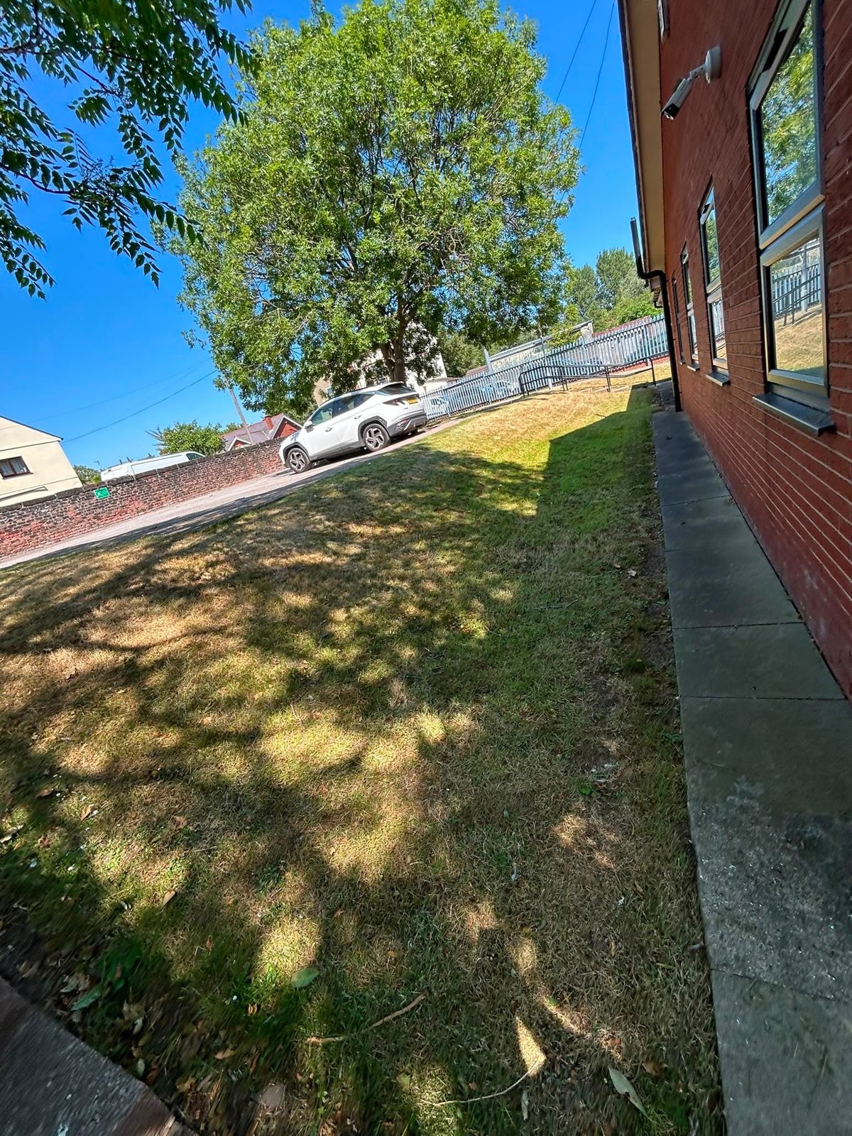 Grass verge alongside a brick commercial building